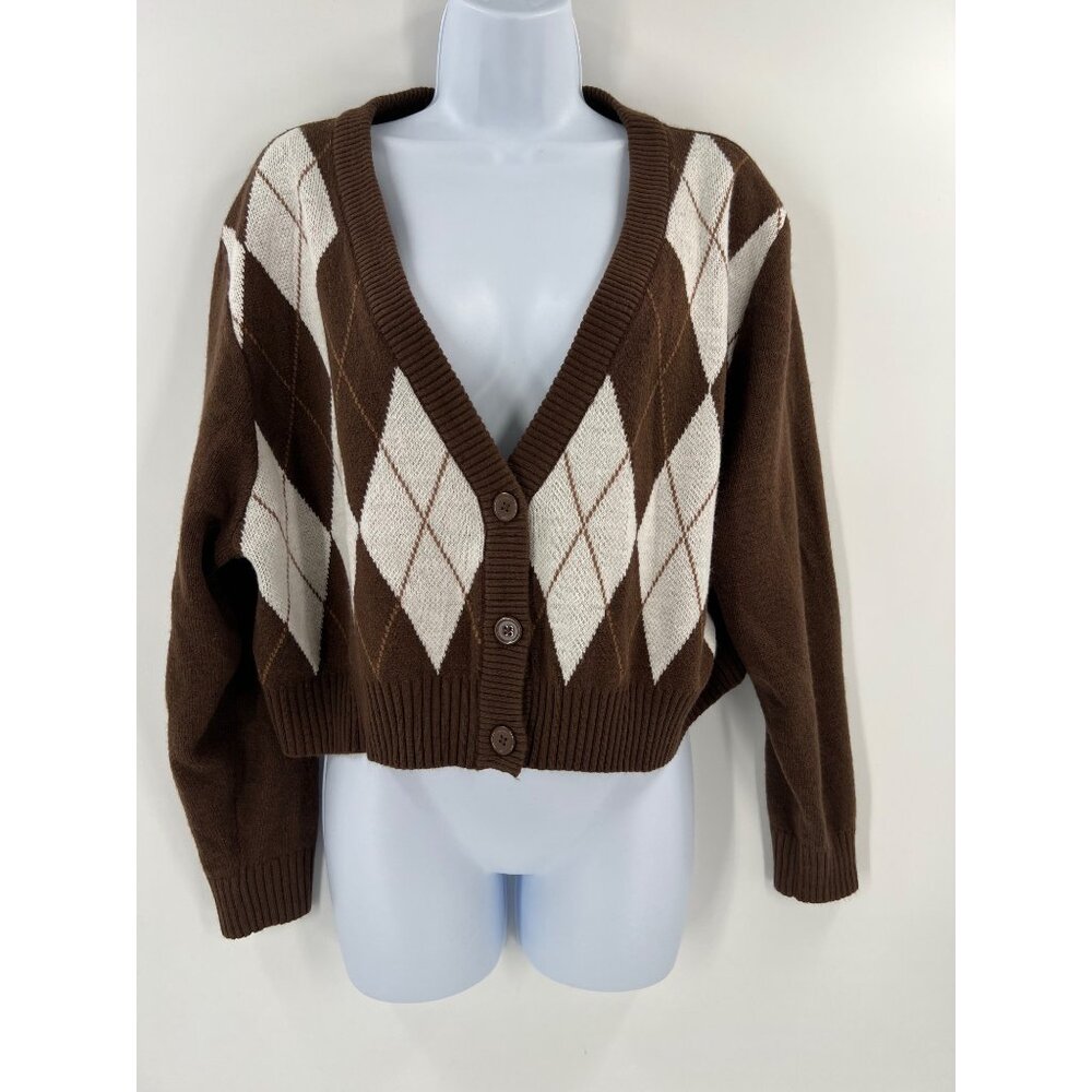 H&M Brown and White Argyle Cardigan